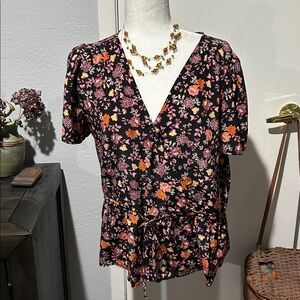 LOFT Black Floral Peplum Blouse with Pink and Orange Accents